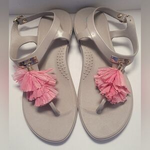 Womens OKA B Tan Sandals With Pink Tassels